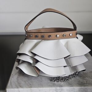 Zara White and Tan Ruffled Handbag